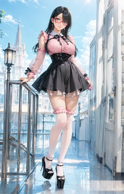 ((inspired by )),((inspired by Animation Style:1.5)),(masterpiece, best quality),beautiful, beautiful-woman, ((detailed face)).(full body:1.3).,
((black hair)), glasses, blue eyes, long hair, over-rim eye-wear,semi-rimless eye-wear, between eyes .(red-fra...