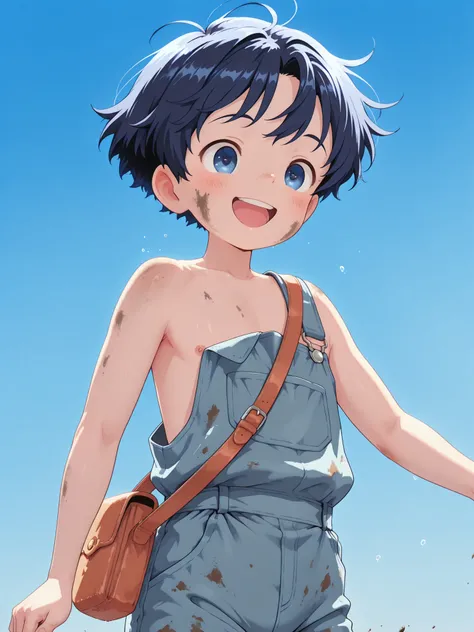 (Blue sky background: 1.3), Solo, Dark blue hair, (Beautiful and detailed blue eyes, Big round eyes, Happy), 1 Toddler Boy, (Handsome and cute), (4 years old), (Dirty blue overalls, One shoulder strap flowing down), (Jumps happily), Dynamic movement, Low a...
