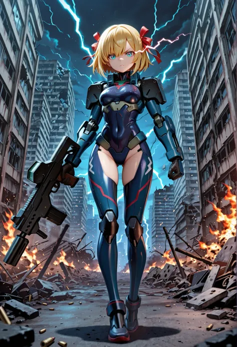 masterpiece, top quality, amazing quality, perfect face, highest resolution, anime-style pattern, hentaianime-style pattern, 3DCG, 1girl, solo, Cyborg Girl, android girl, blonde hair, hair ribbon, short hair, blue eyes, Modern Armament, Heavily armed maide...