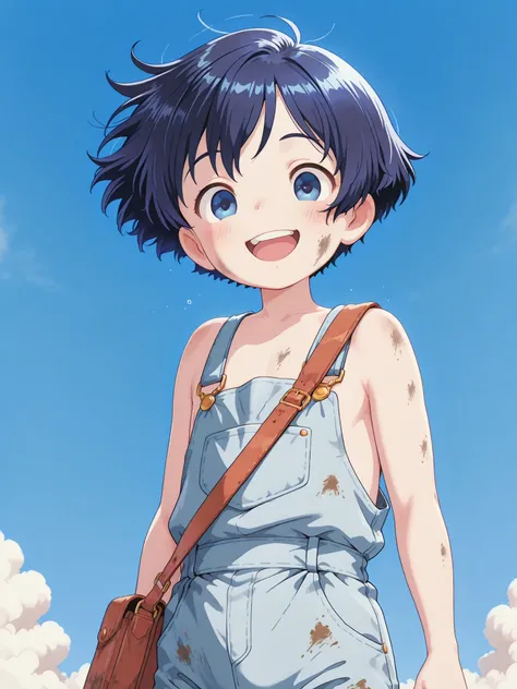 (Blue sky background with small clouds:1.3), Solo, Dark blue hair, (Beautiful and detailed blue eyes, Big round eyes, Happy), 1 Toddler boy, (Handsome and cute), (4 years old), (Dirty blue overalls, One shoulder strap falling down), (Jumps happily), Dynami...