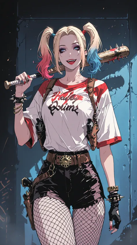 Harley Quinn,   1girl,  solo,  breasts,  smile,  open mouth,  blue eyes,  blonde hair,  shirt,  gloves,  twintails,  jewelry,  weapon,  pantyhose,  multicolored hair,  shorts,  belt,  fingerless gloves,  nail polish,  bracelet,  gun,  short shorts,  makeup...
