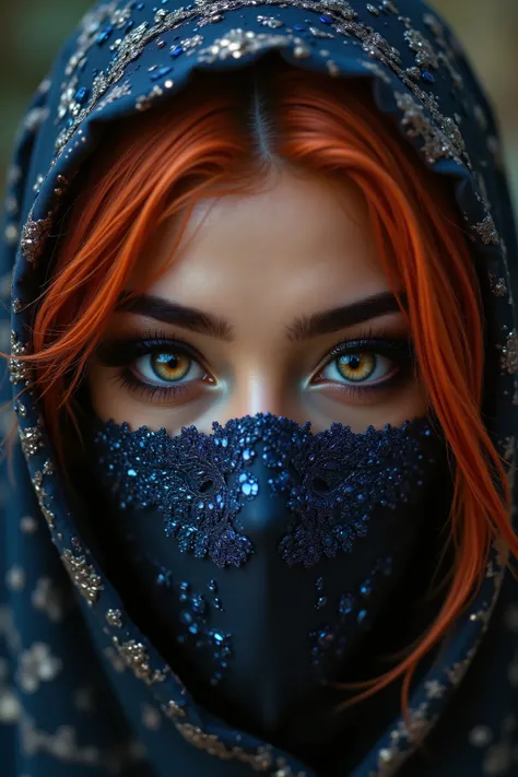 Portrait of an Arab princess, fairy tale image, Fantastic backgrounds, magical atmosphere, [she has a mask and falling fringes (chaining) cover the lower part of the face:1.16], Ultra-realistic (photorealistic Realism), (ultra realistic texture details: ve...