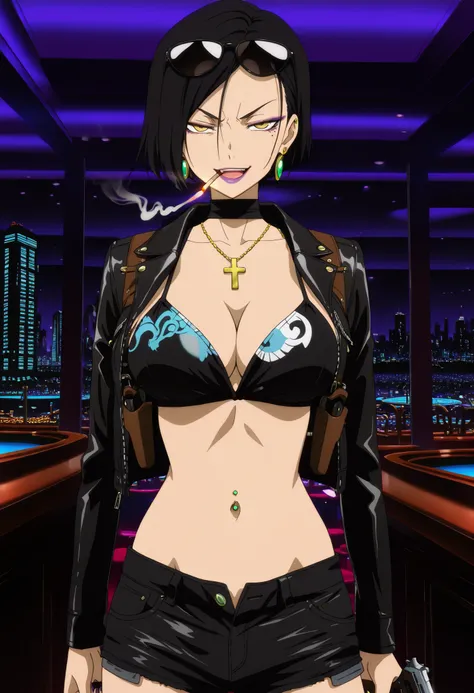masterpiece, best quality, amazing quality,, aria sanka, short hair, , black hair, mole, mole under eye, makeup, mature female,, anime screencap, , jewelry, earrings, necklace,, lipstick, , slooking at viewer, holding, holding cigarrette, smoking, nail p...
