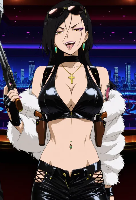 masterpiece, best quality, amazing quality,, aria sanka, short hair, , black hair, mole, mole under eye, makeup, mature female,, anime screencap, , jewelry, earrings, necklace,, lipstick, , slooking at viewer, holding, holding cigarrette, smoking, nail p...