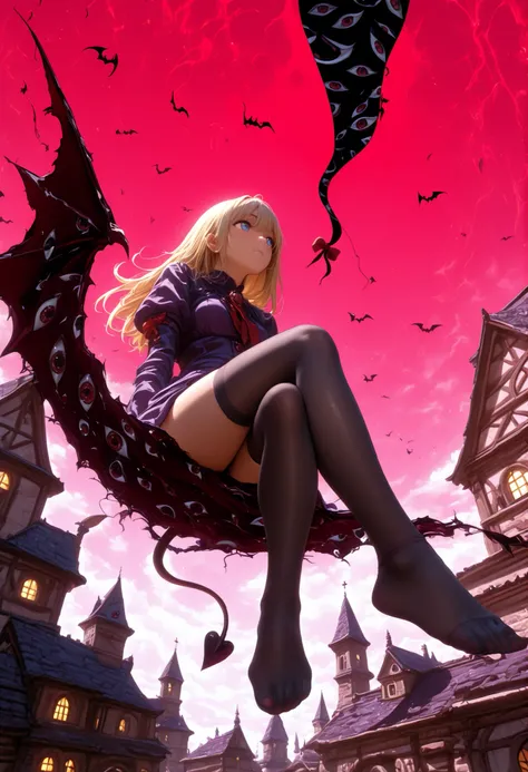 ((devil)),buildings,sitting cross-legged,bat wings,Demon's tail, looking at the sky,((gap en el cielo)),((gap)) Floating,from below,without shoes