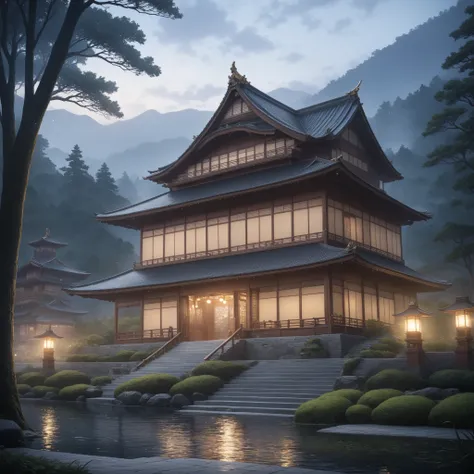 Japanese anime illustration (lakeside, large Japanese mansion from the Showa era, white stairs, very intricate and detailed: 1.2), misty background, very high resolution, masterpiece, top quality, professional photography, pointillism, cinematic lighting, ...