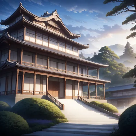 Japanese anime illustration, (detailed depiction of a large Japanese mansion from the Showa era, white stairs, Mediterranean-style white gate: 1.2), misty background, very high resolution, masterpiece, top quality, professional photography, pointillism, ci...