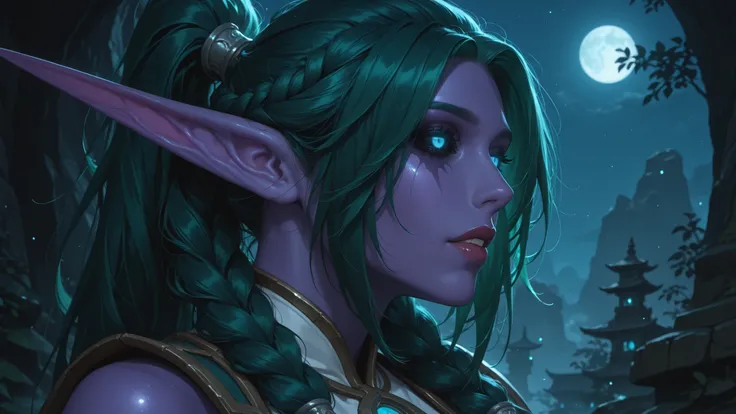 从侧面，明亮的卧室，唾液，湿润，脸红，TNDbfa, night elf, purple skin, long pointy ears, 1girl, mature female, long hair, green hair, ponytail, twin braids, glowing eyes, blue eyes, black sclera,全身，触手