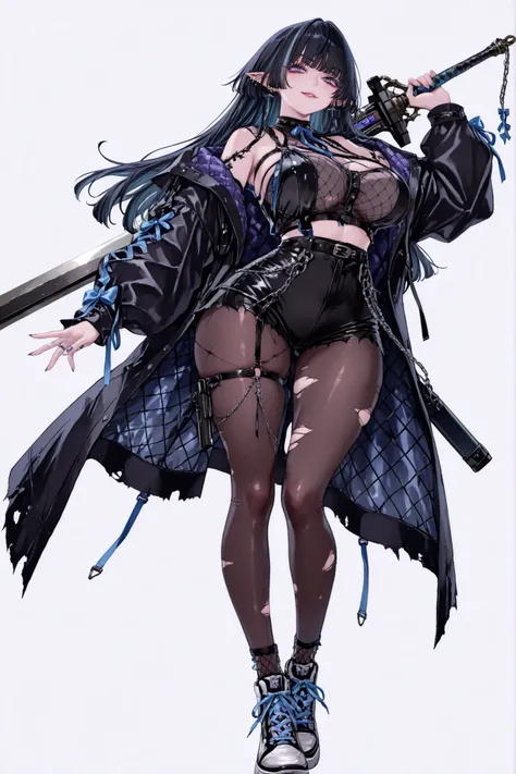  8k wallpaper、    top quality 、masterpiece   、sexy black cropped bralette with fishnet top beneath,   woman 1 person、ribbon、piercings and earrings on her ears,  pointy elf ears, black ripped punk shorts、 cute black oversized coat with puffy sleaves with o...
