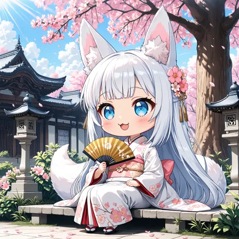 ((Masterpiece)),((best quality)),((incredibly absurdres)),((8K)),(anime style),
(1 chibi girl),((Deformed chibi)),(anime chibi),(solo),white hair,long hair,straight hair,blue eyes,baby face,cute,kawaii,BREAK (white fox tail),fluffy tail,(white fox ears),p...