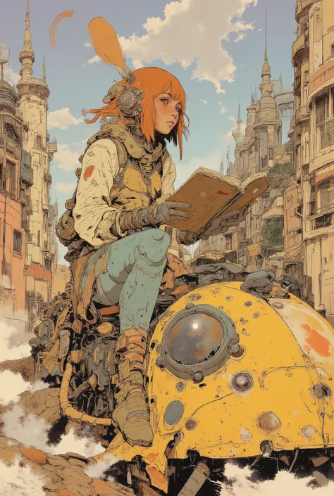 By Phandigrams,CAICO,SF comic style, European bande dessinée illustration, Moebius inspired art, beautiful girl riding an ladybug-shaped sci-fi vehicle, reading a book, full body character design, beautiful face, clear face, bangs, orange short hair, futur...