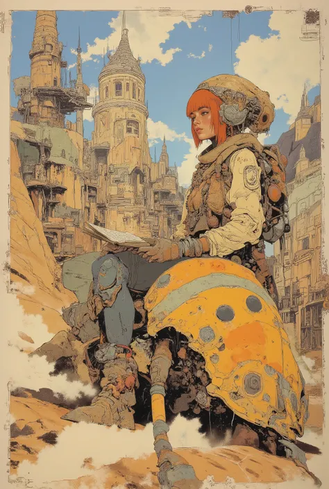 By Phandigrams,CAICO,SF comic style, European bande dessinée illustration, Moebius inspired art, beautiful girl riding an ladybug-shaped sci-fi vehicle, reading a book, full body character design, beautiful face, clear face, bangs, orange short hair, futur...
