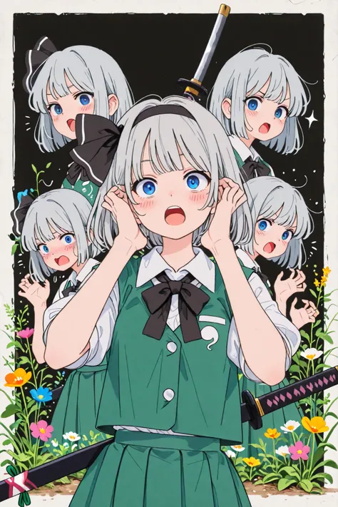 {{{konpaku youmu}}},(touhou),(1 girl),
Race and Gender: Demi-spirit/ female 
Age : not clear（The young man's appearance）  
Physical Characteristics: slender and graceful figure、gray hair shortcut ,small build,
Main color: white 
Sub Color: green 
illustrat...