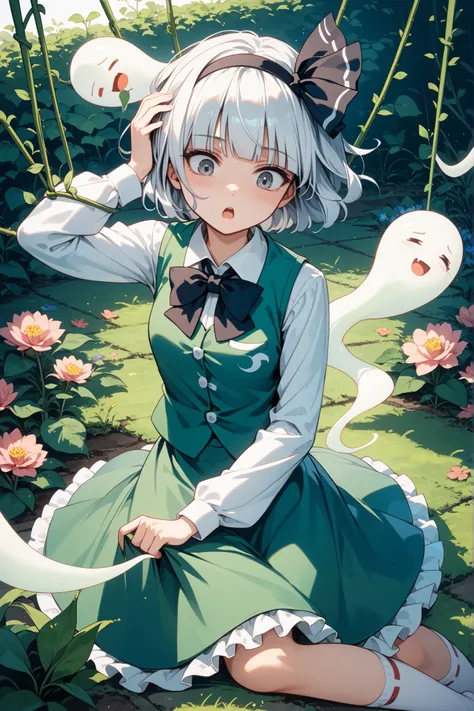 {{{konpaku youmu}}},(touhou),grey eyes, hair ribbon, short white hair,BREAK, blunt bangs, black hairband, black hair ribbon, collared white shirt, black bowtie, BREAK,green vest, puffy short sleeves, green circle skirt, frilled skirt, socks, small build,sm...