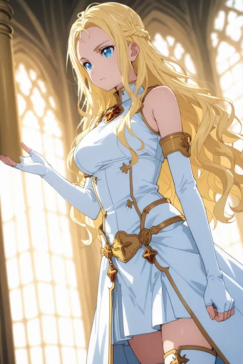 solo, ushio kofune, long hair, wavy hair, blond hair, braid, blue eyes, in a castle, rpg style, medieval princess, sleeveless top, white gloves, arm gloves, Fingerless Gloves, white skirt, white boots, white thigh boots, outfit with gold trim, fantasy styl...