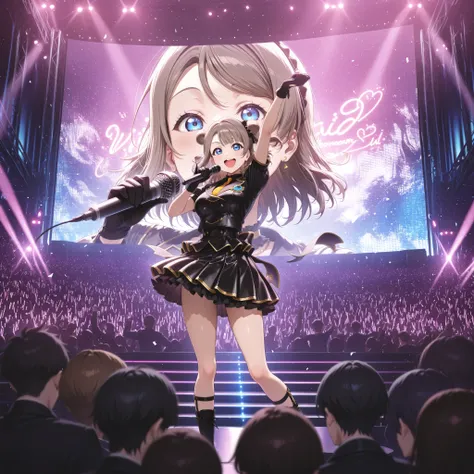 (masterpiece, detailed:1.2),best quality, 8k resolution, 1girl, watanabe_you, love_live!_sunshine!! , vibrant stage performance, holding microphone, energetic pose, big smile, large LED screen background with her face, glowing lights, cheering crowd, futur...