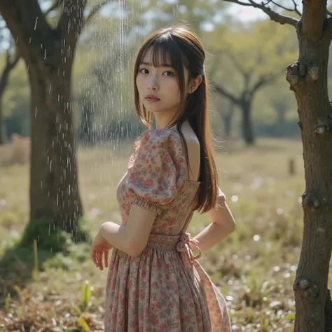 Top Japanese idol who sprinkles water on trees in ruins, Surrealistic, ultra clear focus, full body shot with mahiru, 美しいSlim Slender Body, beautiful faces, watch viewers, side views, Autumn-like clothes, Slim Slender Body, photorealistic, 