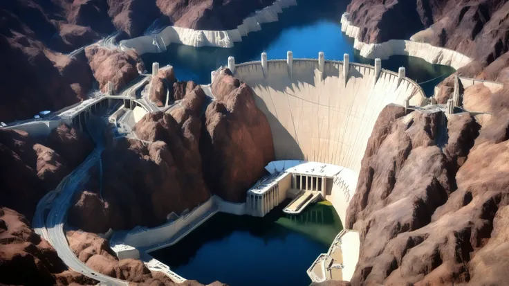 high-definition images、Nevada、(The huge Hoover Dam)、(Hoover Dam:1.5),(220m high gravitational concrete dam:1.5),(The majestic atmosphere of a supermassive structure:1.5),(There is a slight fog in the image taken from above:1.5),dammed the Colorado River、La...