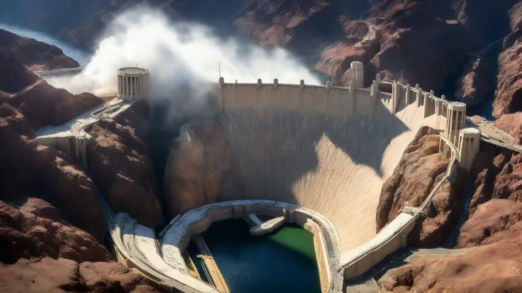 high-definition images、Nevada、(The huge Hoover Dam)、(Hoover Dam:1.5),(220m high gravitational concrete dam:1.5),(The majestic atmosphere of a supermassive structure:1.5),(There is a slight fog in the image taken from above:1.5),dammed the Colorado River、La...