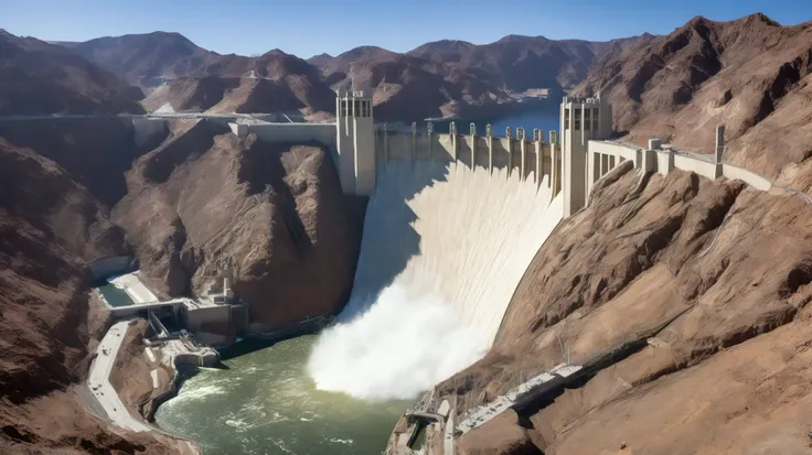 8k,ultra highres:high-definition images、(realistic expression:1.5),Nevada、(The huge Hoover Dam)、(Hoover Damの性格な構造と配置:1.5),(220m high gravitational concrete dam:1.5),(The majestic atmosphere of a supermassive structure:1.5),(There is a slight fog coming out...