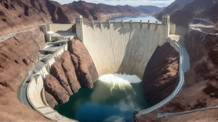 8k,ultra highres:high-definition images、(realistic expression:1.5),Nevada、(The huge Hoover Dam)、(Hoover Damの性格な構造と配置:1.5),(220m high gravitational concrete dam:1.5),(The majestic atmosphere of a supermassive structure:1.5),(There is a slight fog coming out...