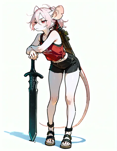 (((masterpiece))), (((Best Quality))), ((Ultra-detailed)), (anime Illustration), ((extremely delicate and beautiful)),solo, Full body, fantasy albino wererat girl, Fluffy Fur, furry, short pale pink hair, red eyes, rat head, rat ear, rat tail, ((ragged red...
