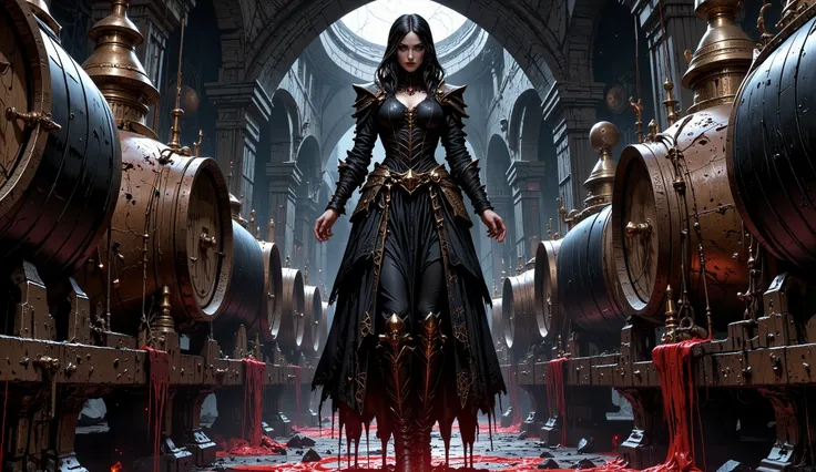 High-resolution image with dark fantasy influence. An underground medieval brewery dominated by large dark wood barrels with rusty metal rims. An imposing oxidized copper fermenter with engraved runes occupies a central position. At the focal point of the ...