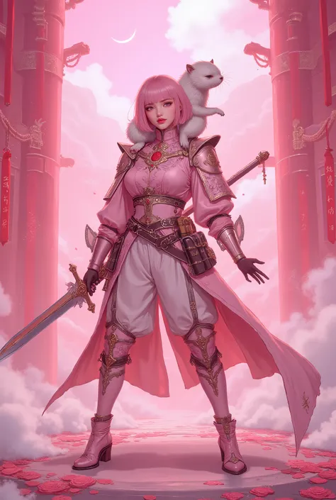 Face here and stand up and pose、The outstanding Rin々Funny face、Oriental beauty with bangs, pink hair, short bob、Short-clawed otter riding on shoulders、highest quality、background is a pink arena、wearing pastel pink rococo style armor and holding a rapier an...