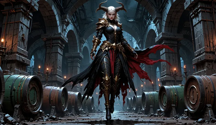 Panorama fermenter in dark fantasy style of an old underground brewery. Robust darkened oak barrels with wrought-iron rims dominate the environment. A large copper fermenter with a blue-green patina stands out, with alchemical details engraved on its surfa...