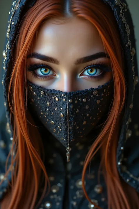 Portrait of an Arab princess, fairy tale image, Fantastic backgrounds, magical atmosphere, [she has a mask and falling fringes (chaining) cover the lower part of the face:1.16], Ultra-realistic (photorealistic Realism), (ultra realistic texture details: ve...