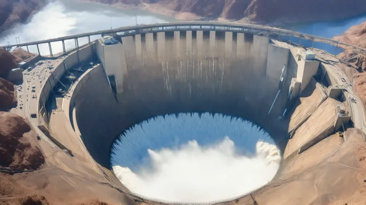 8k,ultra highres:high-definition images、(realistic expression:1.5),Nevada、(The huge Hoover Dam)、(Hoover Damの性格な構造と配置:1.5),(220m high gravity arch dam:1.5),(The majestic atmosphere of a supermassive structure:1.5),(Image taken from above:1.5),(There is a hy...