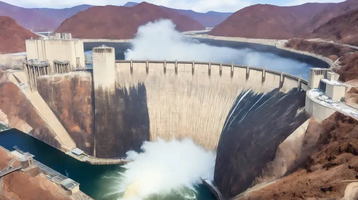 8k,ultra highres:high-definition images、(realistic expression:1.5),Nevada、(The huge Hoover Dam)、(Hoover Damの性格な構造と配置:1.5),(220m high gravity arch dam:1.5),(The majestic atmosphere of a supermassive structure:1.5),(Image taken from above:1.5),(There is a hy...