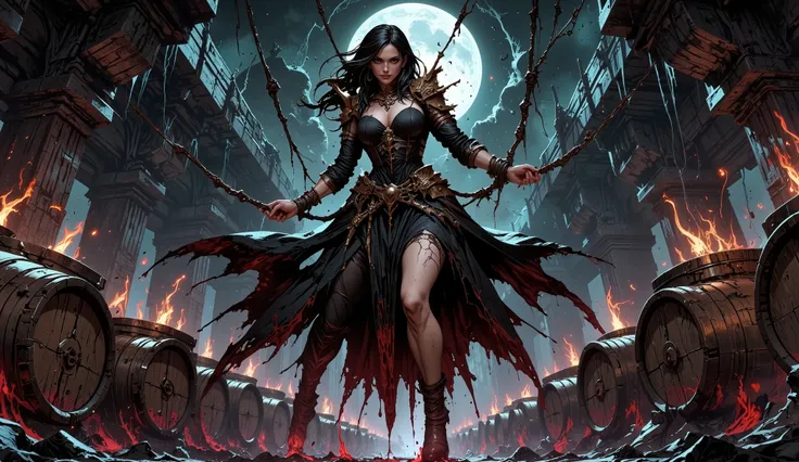 Panorama fermenter in dark fantasy style of an old underground brewery. Robust darkened oak barrels with wrought-iron rims and a large copper fermenter with blue-green patina They harm the environment. dominating the center of the scene, a Gothic witch flo...