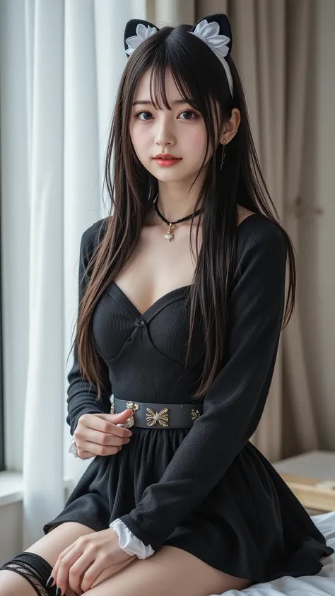 Highest Quality, shape, Highly Detailed, High Precision,  8K Wallpaper, perfect dynamic configuration,  beautiful woman in gothic maid outfit, semi-long hair, natural lips,  Long sleeve black knit dress  , BIG BREASTS,  randomly cute poses, Original photo,...