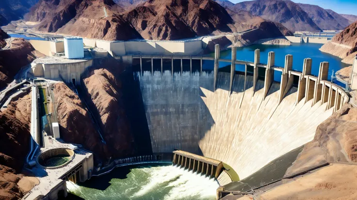 8k,ultra highres:high-definition images、(realistic expression:1.5),Nevada、(The huge Hoover Dam)、(Hoover Damの性格な構造と配置:1.5),(220m high gravity arch dam:1.5),(The majestic atmosphere of a supermassive structure:1.5),(Image taken from above:1.5),(There is a hy...