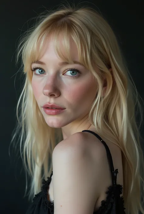 Full side face shot, studio photograph, face shot, A captivating young woman, who is a harmonious blend of elegant features and youthful charm, goth girl, goth aesthetics, straight hair, bang, blonde, long hair, camisole, shorts, sparkling eyes, long eyela...