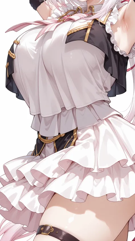 nijiyuikacos,white shirt,frilled shirt,shirt overhang,sleeveless,single armband,black armband,white skirt,frilled skirt,layered skirt,black thigh strap,fur-trimmed gloves,,nijiyuika,large breasts,pink eyes,gradient hair,light pink hair,white hair,round fac...