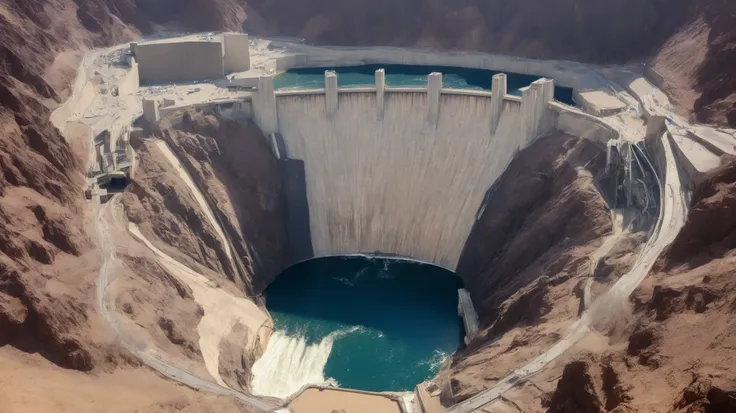 8k,ultra highres:high-definition images、(realistic expression:1.5),Nevada、(The huge Hoover Dam)、(Hoover Damの性格な構造と配置:1.5),(220m high gravity arch dam:1.5),(The majestic atmosphere of a supermassive structure:1.5),(Image taken from above:1.5),(There is a hy...