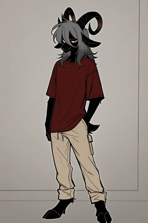 furry male goat boy, thin, tall, boy, black fur, wearing a dark red t-shirt and beige cargo pants, goat hooves, playfull look, long dark grey hair, slightly wavy, long bangs, straight black horns, orange eyes, long snout, smirk, solo full body art , office...
