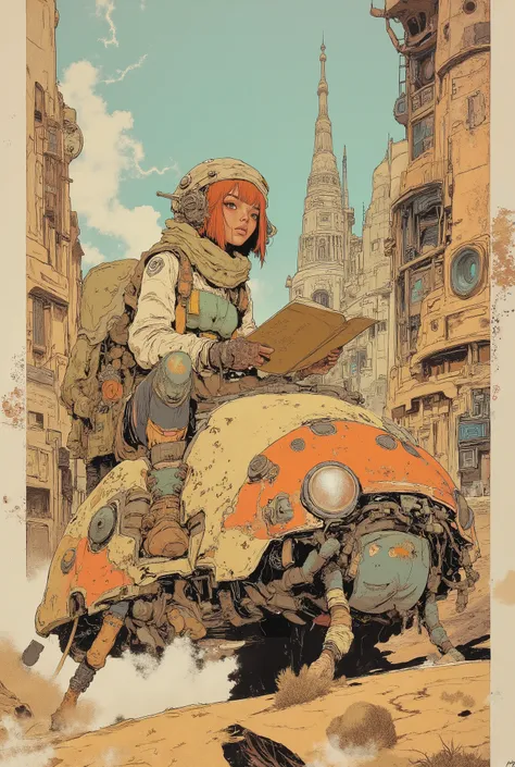 By Phandigrams,CAICO,SF comic style, European bande dessinée illustration, Moebius inspired art, beautiful girl riding an ladybug-shaped sci-fi vehicle, reading a book, full body character design, beautiful face, clear face, bangs, orange short hair, futur...