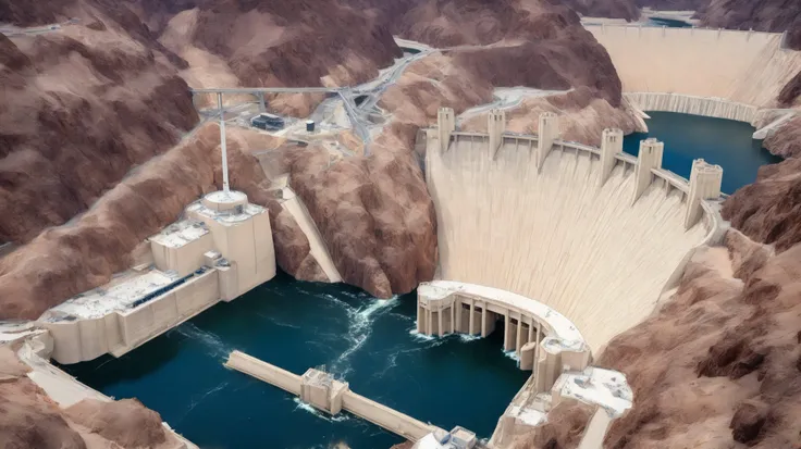 8k,ultra highres:high-definition images、(realistic expression:1.5),Nevada、(The huge Hoover Dam completed:1.5)、(Hoover Damの性格な構造と配置:1.5),(220m high gravity arch dam:1.5),(The majestic atmosphere of a supermassive structure:1.5),(Image taken from above:1.5),...