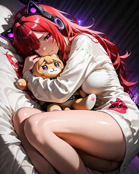 front angle top view, close-up, (masterpiece, 4k, ultra detailed, vivid colors, detailed image, dynamic pose), {1woman}: (a beautiful and attractive woman, long red hair, expressive purple eyes, wearing a cat ears headset, a white blouse/sweatshirt that is...