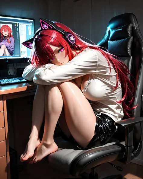  side angle, (masterpiece, 4k, ultra detailed, vivid colors, detailed image, dynamic pose), {1woman}: (a beautiful and attractive woman, long red hair, expressive purple eyes, wearing a cat ears headset, a white blouse/sweatshirt that is knee-length, very ...