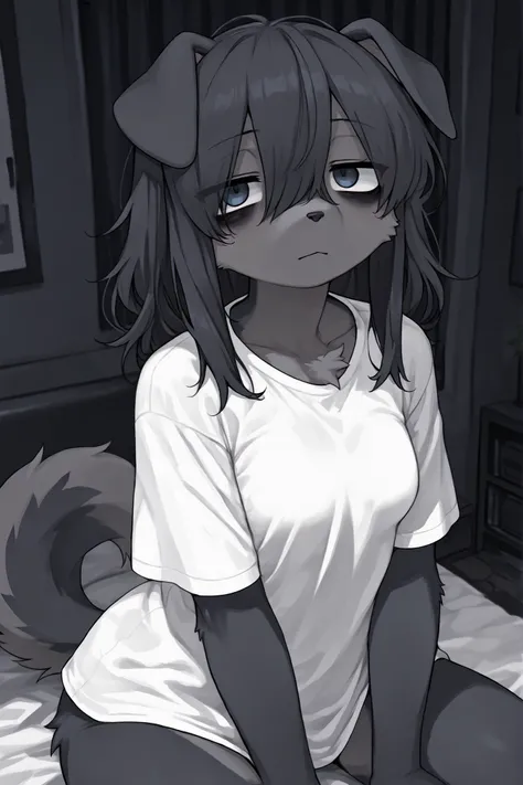 1girl, solo, anime girl, best_quality, detailed_background, small breasts, furry, dog girl, long white shirt, black fur, dark bags under eyes, dark bedroom