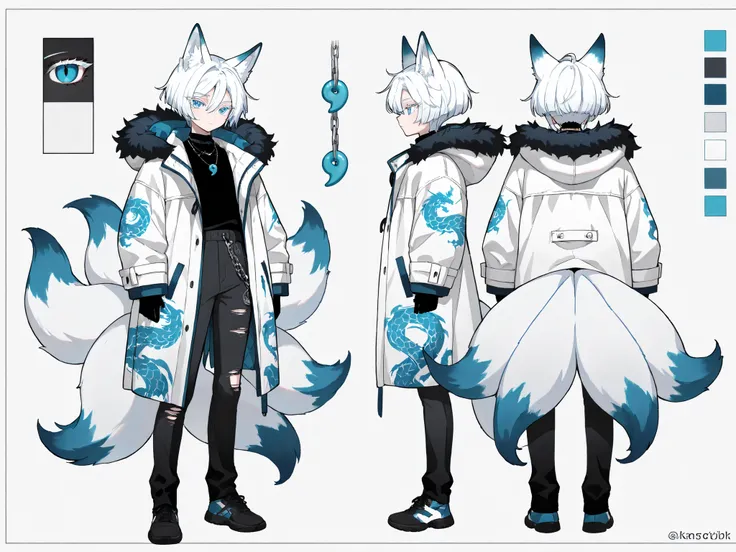(masterpiece, detailed:1.2), 1boy, androgynous, bishounen, black shirt, blue print, blue tipped tails, blue eyes, cargo pants, chain, character sheet, coat, color guide, colored eyelashes, dragon print, eyelashes, fashion, from behind, from side, fox boy, ...
