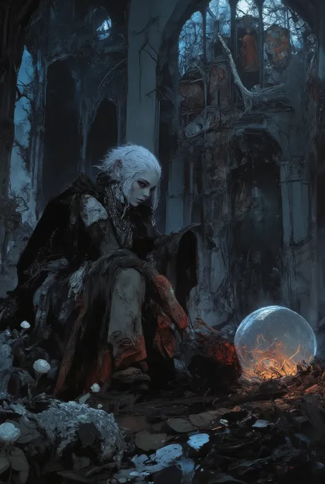 Epic cinematic portrait of a Gothic princess gardener, pale and elegant with a determined expression. She wears a tattered, once-opulent black velvet and lace gown, now stained with soil. Intricate silver jewelry adorns her neck and wrists. She is kneeling...