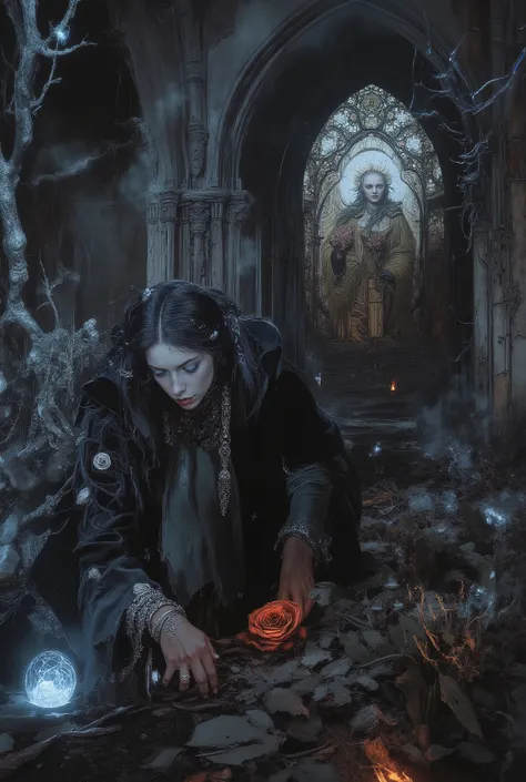 Epic cinematic portrait of a Gothic princess gardener, pale and elegant with a determined expression. She wears a tattered, once-opulent black velvet and lace gown, now stained with soil. Intricate silver jewelry adorns her neck and wrists. She is kneeling...