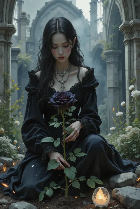Epic cinematic portrait of a Gothic princess gardener, pale and elegant with a determined expression. She wears a tattered, once-opulent black velvet and lace gown, now stained with soil. Intricate silver jewelry adorns her neck and wrists. She is kneeling...