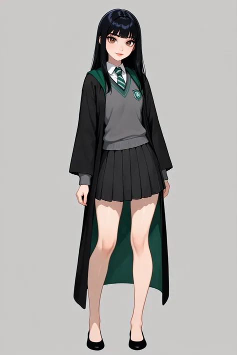 score_9, score_8_up, score_7_up, best quality, masterpiece, 4k resolution, 1girl, solo, youthful, beautiful, full body, long straight hair, pitch black hair, brown eyes, sharp eyes, looking at viewer, elegant posture, bare legs, smooth body, clean skin, h...