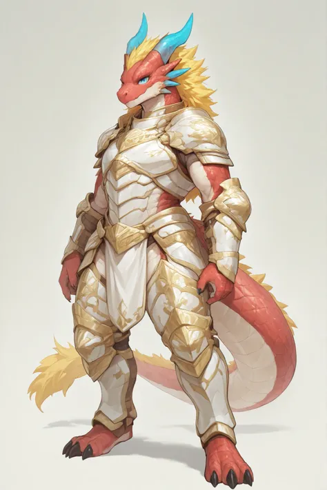 4g1typ3,Kobold, furry dragon, dragon ears, tail, short stature, short, magenta and baige body,scales,scalie, muscular, standing, male, solo, blue and red horns, tail, black claws, blue eyes, yellow and red mane, tail mane, white and gold arm0rs3nt1n3l
